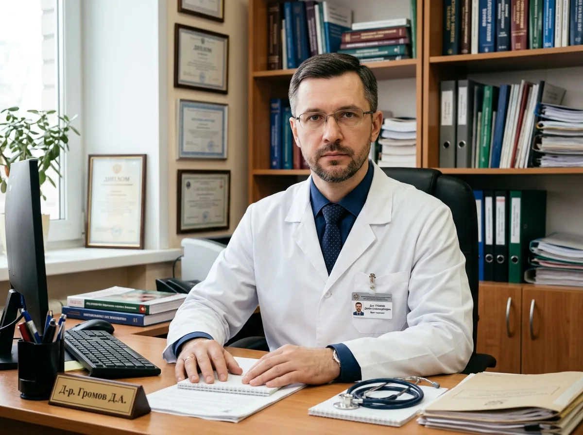 Портрет врача Громова Дениса Александровича — мужчина 42 года, строгий профессиональный вид, кабинет врача