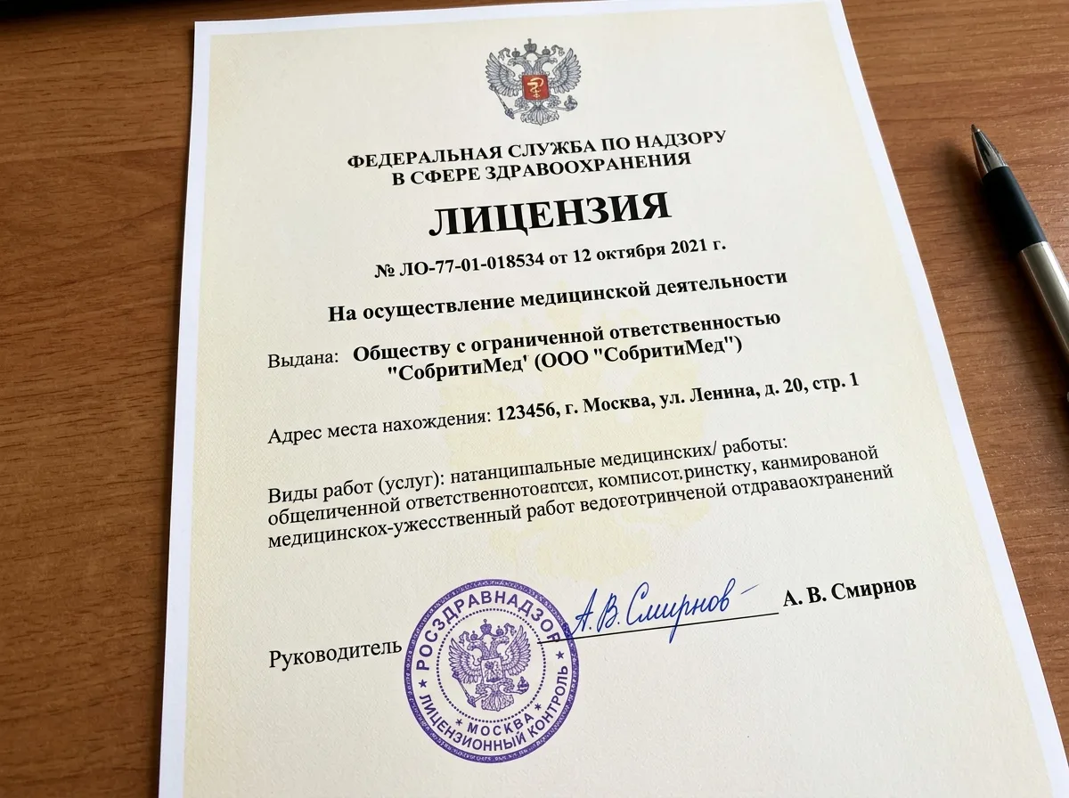 Лицензия на медицинскую деятельность ООО СобриетьМед — официальный документ с гербом Росздравнадзора, печатью и подписью