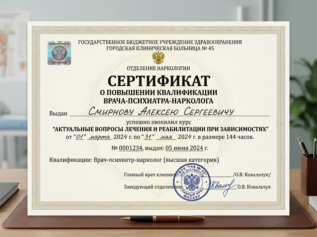 Сертификат специалиста по наркологии главного врача клиники — официальный бланк с синей печатью и подписью